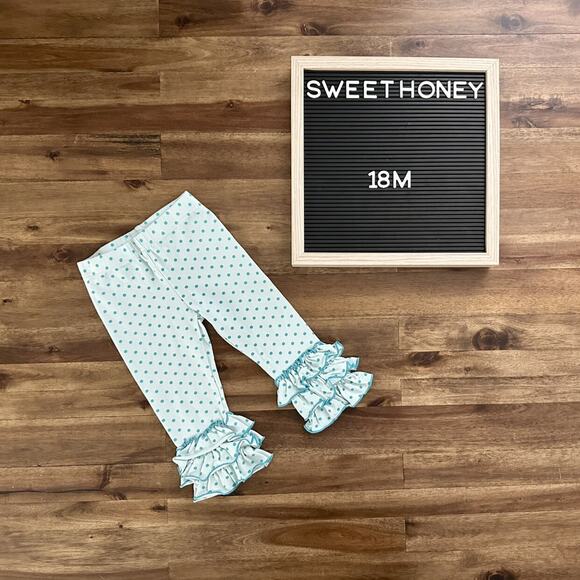 SweetHoney Nelly Leggings Aqua Light Blue Knit Ruffle Polka Dot Pants Cotton 18M - Picture 1 of 5